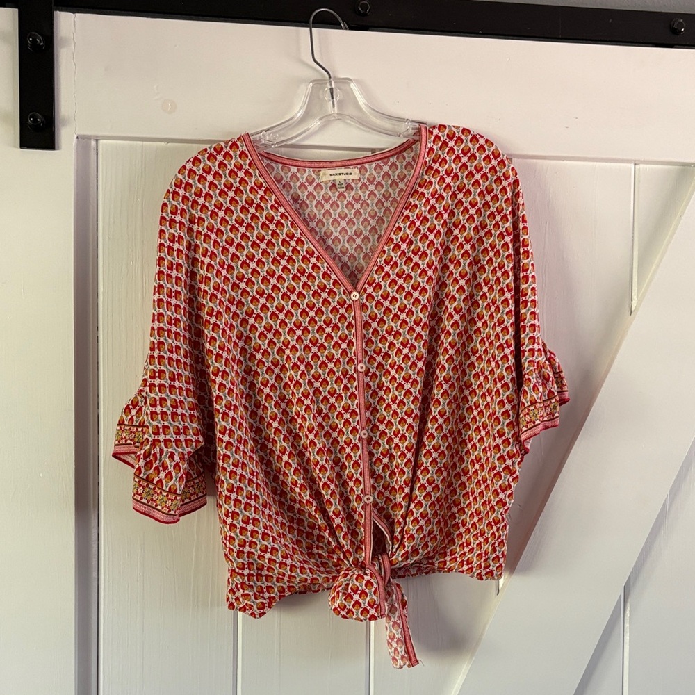 Max Studio Red and White Patterned Blouse